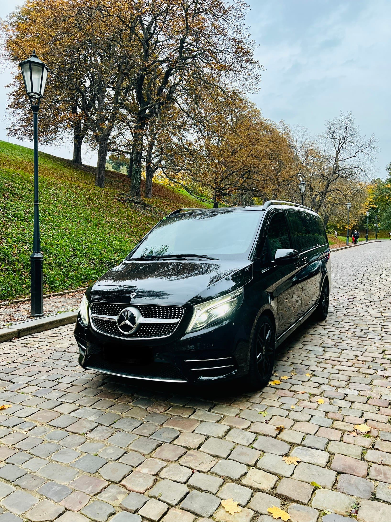 Crni Mercedes-Benz kombi parkiran na kaldrmi u parku sa jesenjim bojama